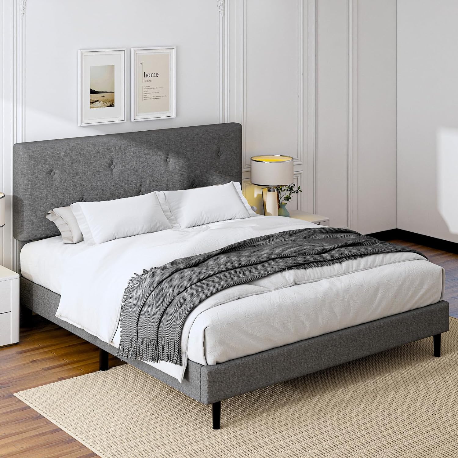 King Size Linen Bed Frame, Upholstered Platform Bed Frame with Adjustable Headboard, Wooden Slats Support, No Box Spring Needed, Easy Assembly, Grey