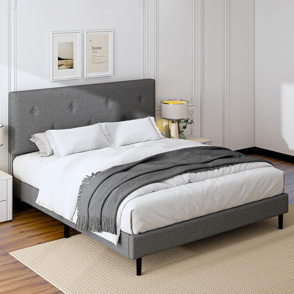 King Size Linen Bed Frame, Upholstered Platform Bed Frame with Adjustable Headboard, Wooden Slats Support, No Box Spring Needed, Easy Assembly, Grey