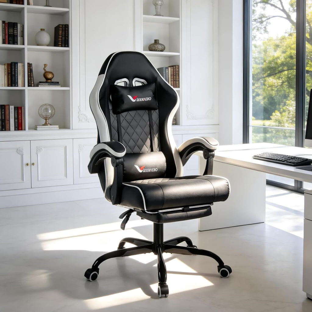 Gaming Chair for Adults, Computer Chair with Footrest and Pocket Spring Cushion,Comfortable Ergonomic Video Game Chair with Lumbar Support and Headrest for Office Home (White)