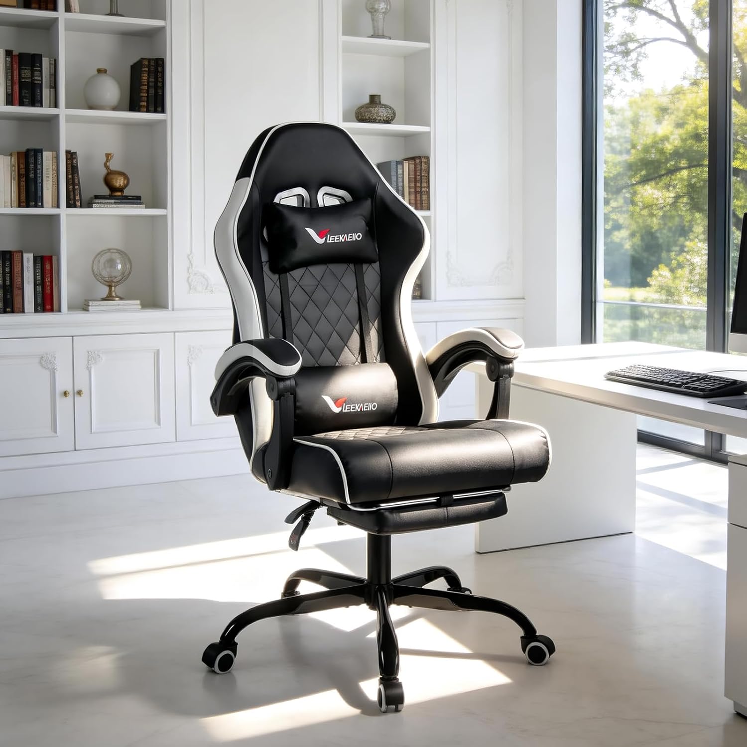 Gaming Chair for Adults, Computer Chair with Footrest and Pocket Spring Cushion,Comfortable Ergonomic Video Game Chair with Lumbar Support and Headrest for Office Home (White)