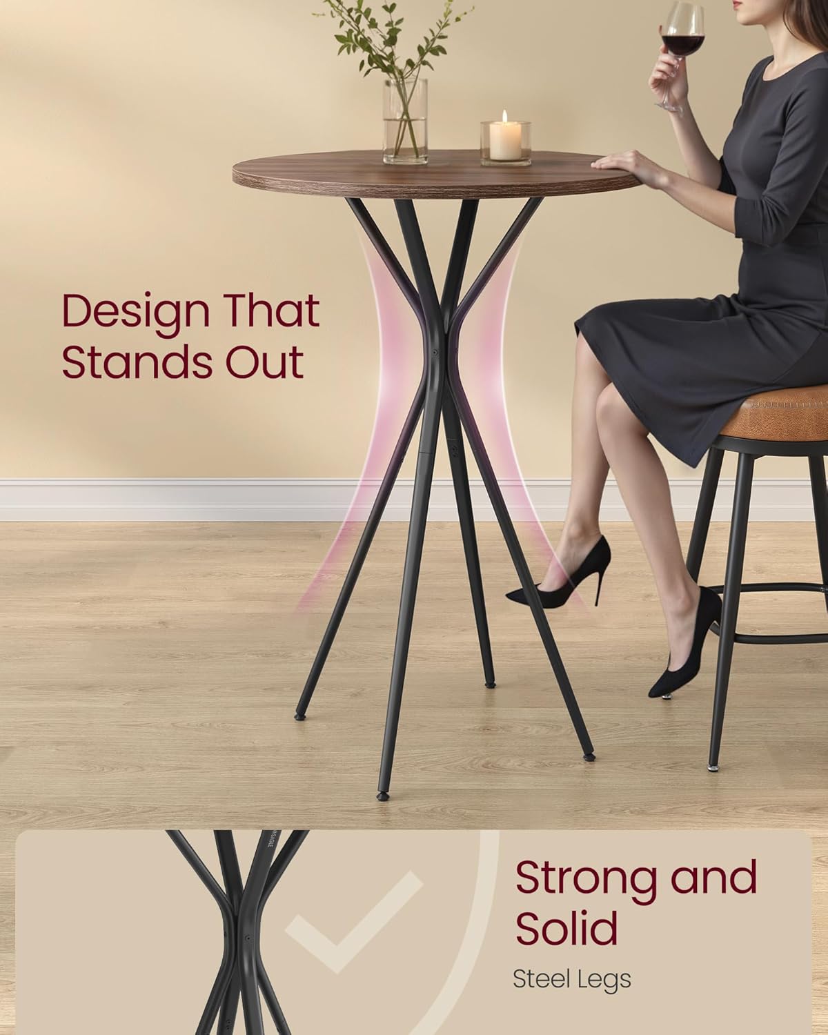 VASAGLE Bar Table, Round Cocktail High Top Pub Bistro Table for Events Party, Kitchen Dining, Home Bar, 23.6 x 23.6 x 41.3 Inches, Metal Frame, Modern Style, Easy to Assemble, Natural Walnut and Black
