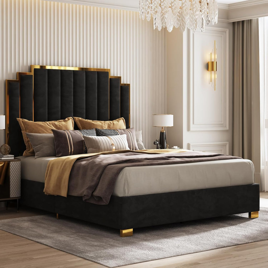 AMERLIFE King Size Upholstered Bed, Modern Velvet Bed Frame with 65.4” Tall Gold Trim Headboard, No Box Spring Needed, Black