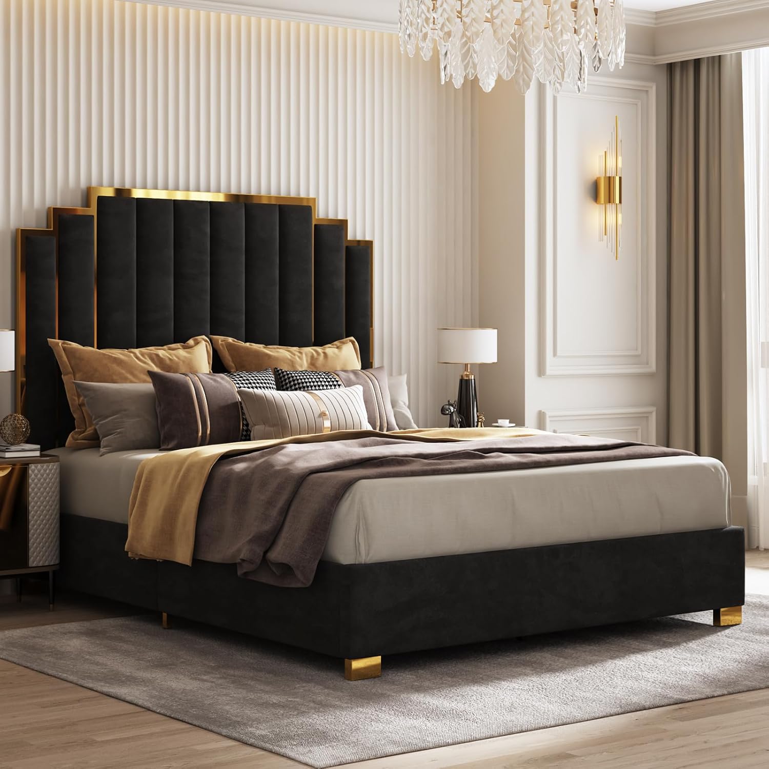AMERLIFE King Size Upholstered Bed, Modern Velvet Bed Frame with 65.4” Tall Gold Trim Headboard, No Box Spring Needed, Black