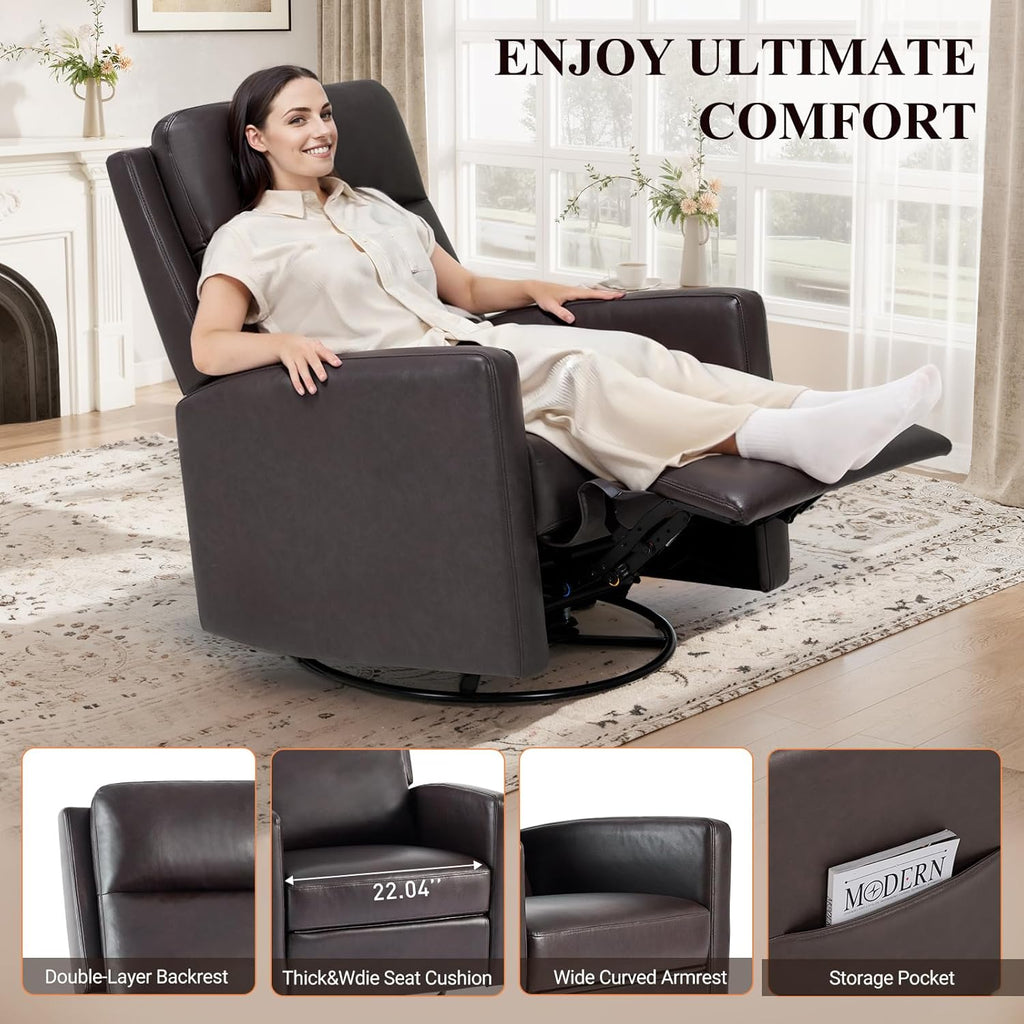 COLAMY Leather Recliner Chair for Adults, Swivel Rocker Recliner for Small Spaces, Wide Glider Rocking Nursery Chair with Ergonomic High Backrest, for Living Room, Office, Bedroom(Chocolate Brown