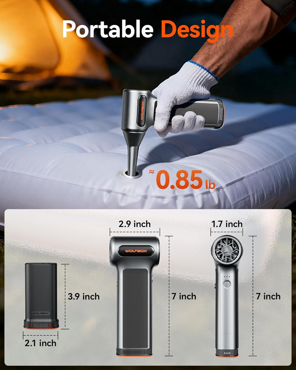 WOLFBOX MF200 Compressed Air Duster with Removable Battery & 4 Nozzles, Cordless 3-Speed Adjustable Mini Blower for Computer Keyboard, Car Cleaning, Home, and Outdoor Use