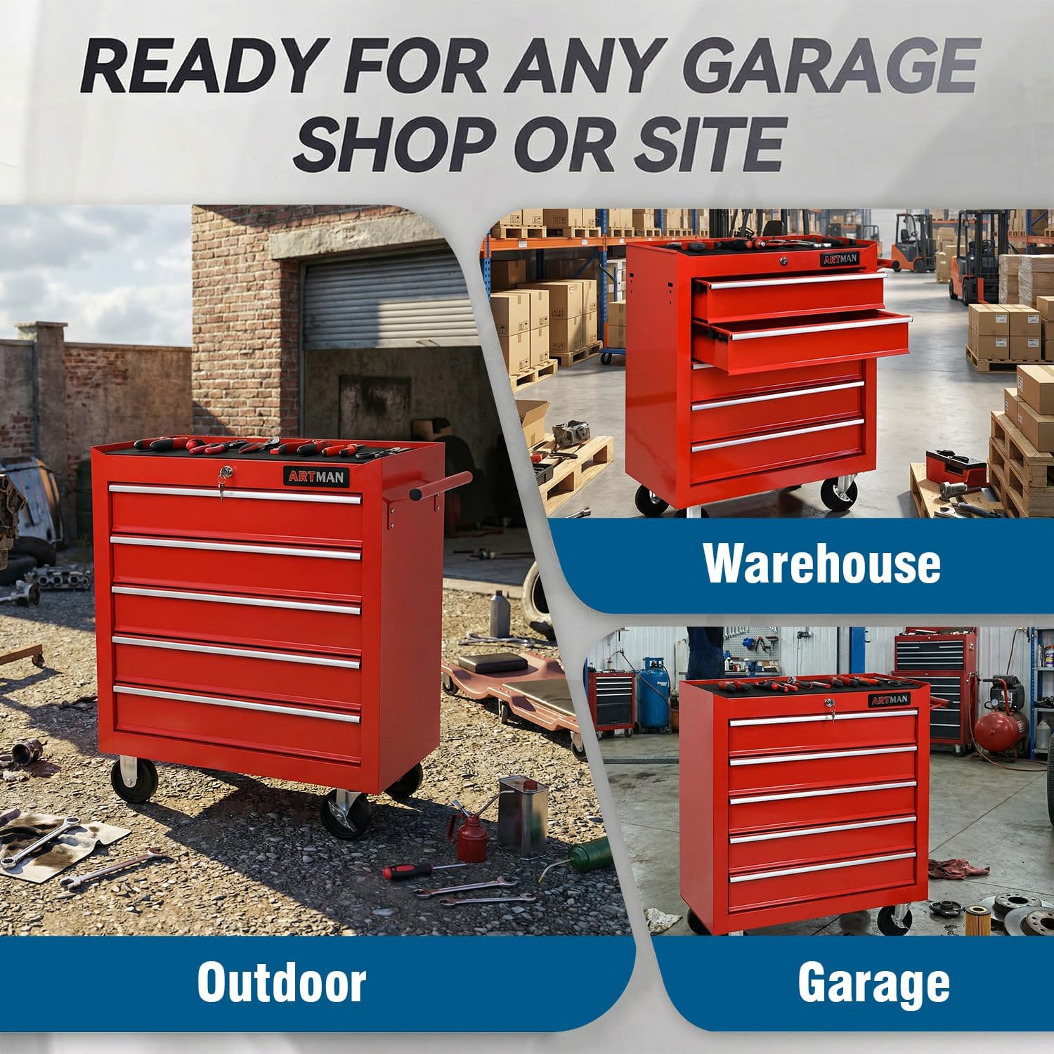 5 Drawers Tool Cart on Wheels, Rolling Tool Chest Tool Storage, Drawers Rolling Tool Trolley Organizer Tool Case for Garage,Warehouse,Workshop,Repair Shop (5 Drawers-Red)