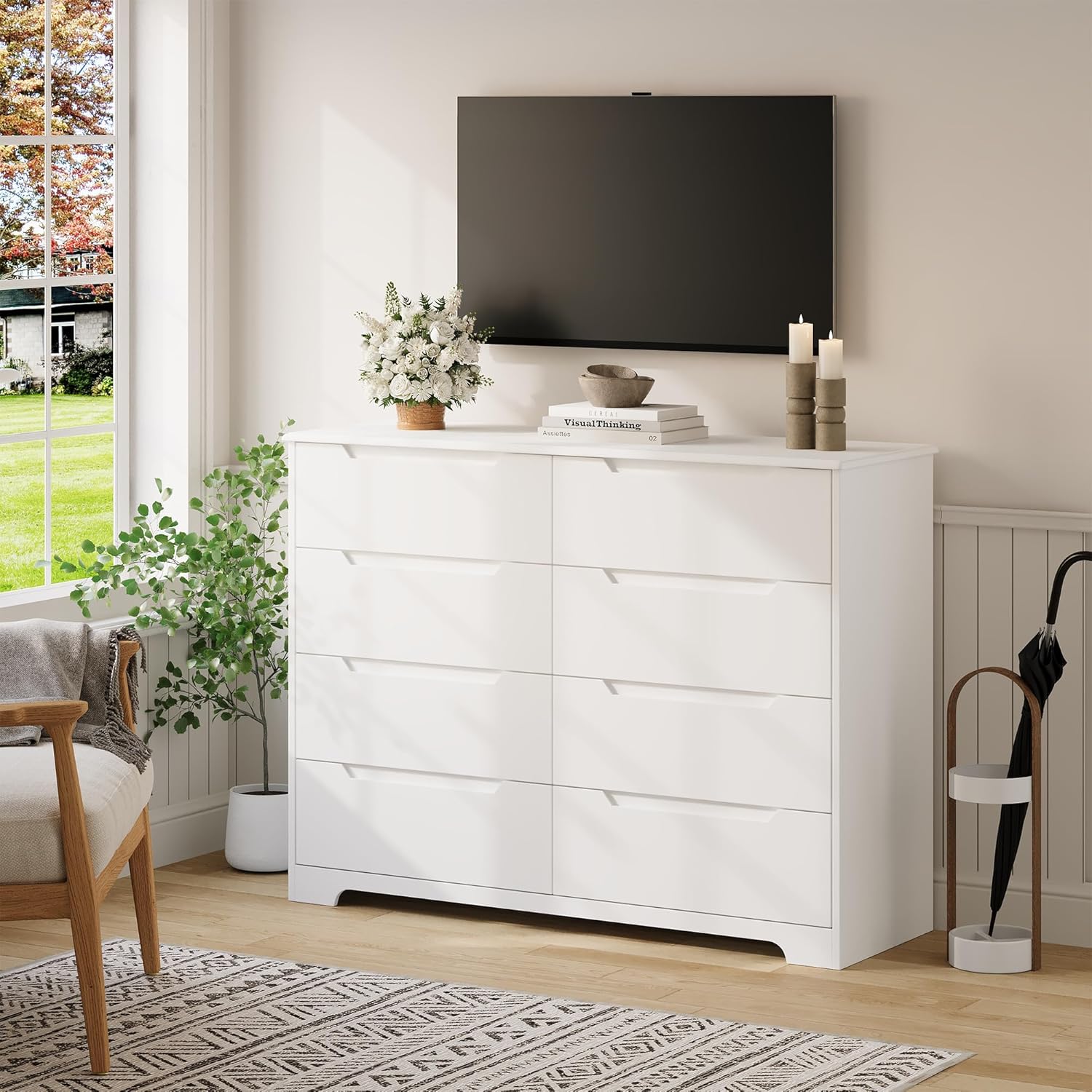 Gizoon 8 Drawer Dresser, 47" Wide White Dresser for Bedroom with Cut-Out Handles, Modern Wooden Chest of Drawers with Anti-Tip Kit, for Living Room, Hallway, Entryway, Home Office