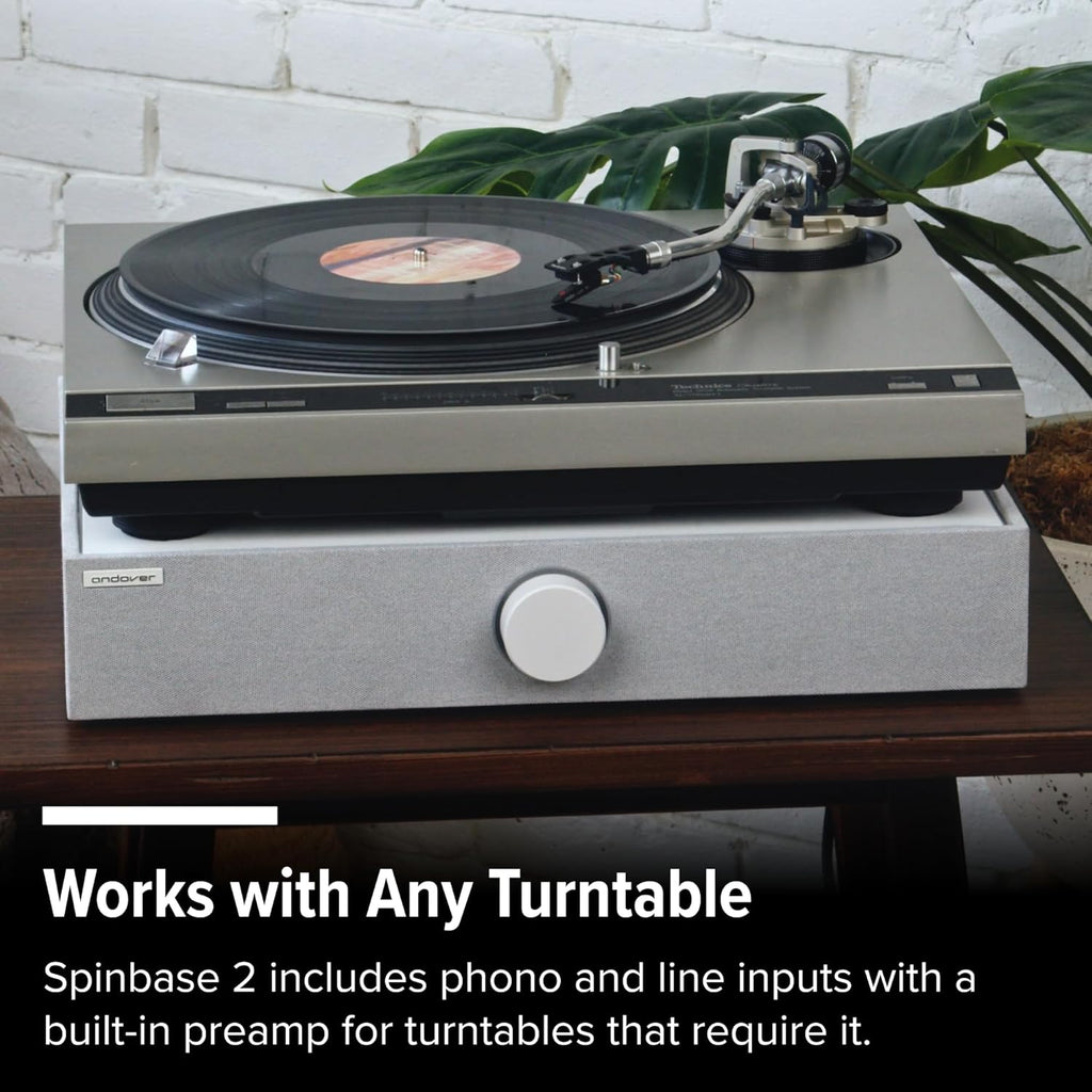 Andover Audio Spinbase 2 Speaker System Designed for Turntables; Phono Input  BT  Analog and Optical Input  ISOGroove Anti-Feedback  with Remote Control (Black)