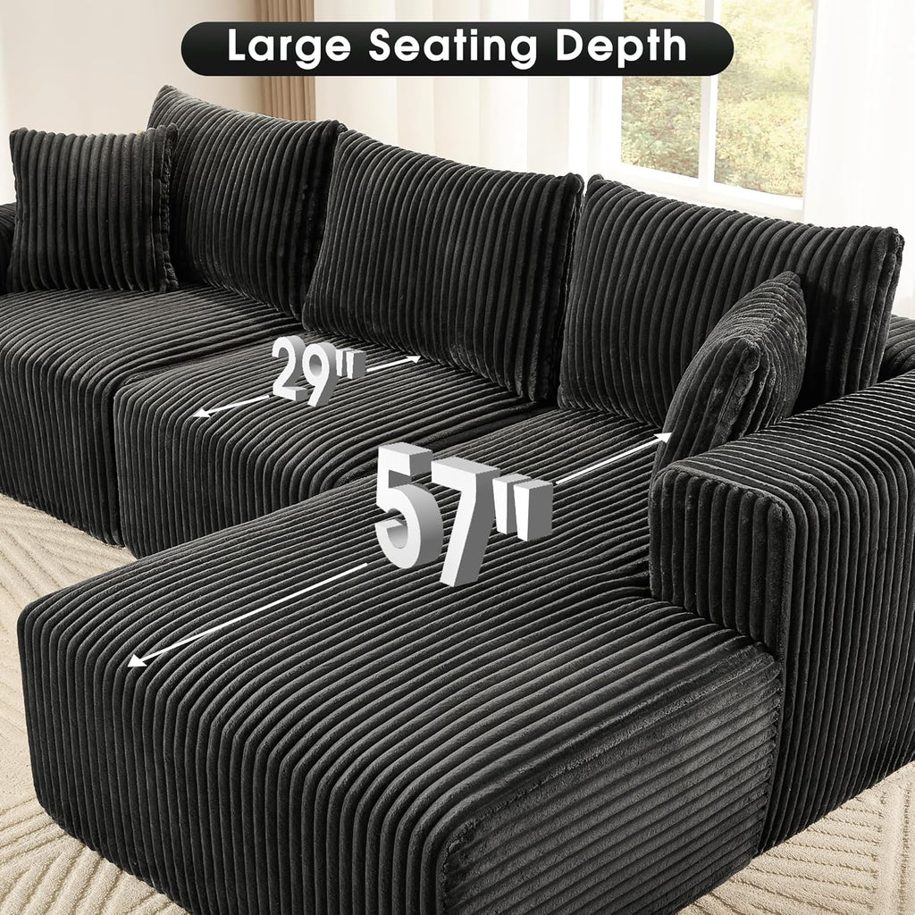 WorthFurni Cloud Modular Sofa Couch with L-Shape Chaise,Modern Sectional with Deep Seat, Upholstered Couches for Living Room Bedroom,No Assembly Required, Plush Corduroy Fabric 110.4"(Black)