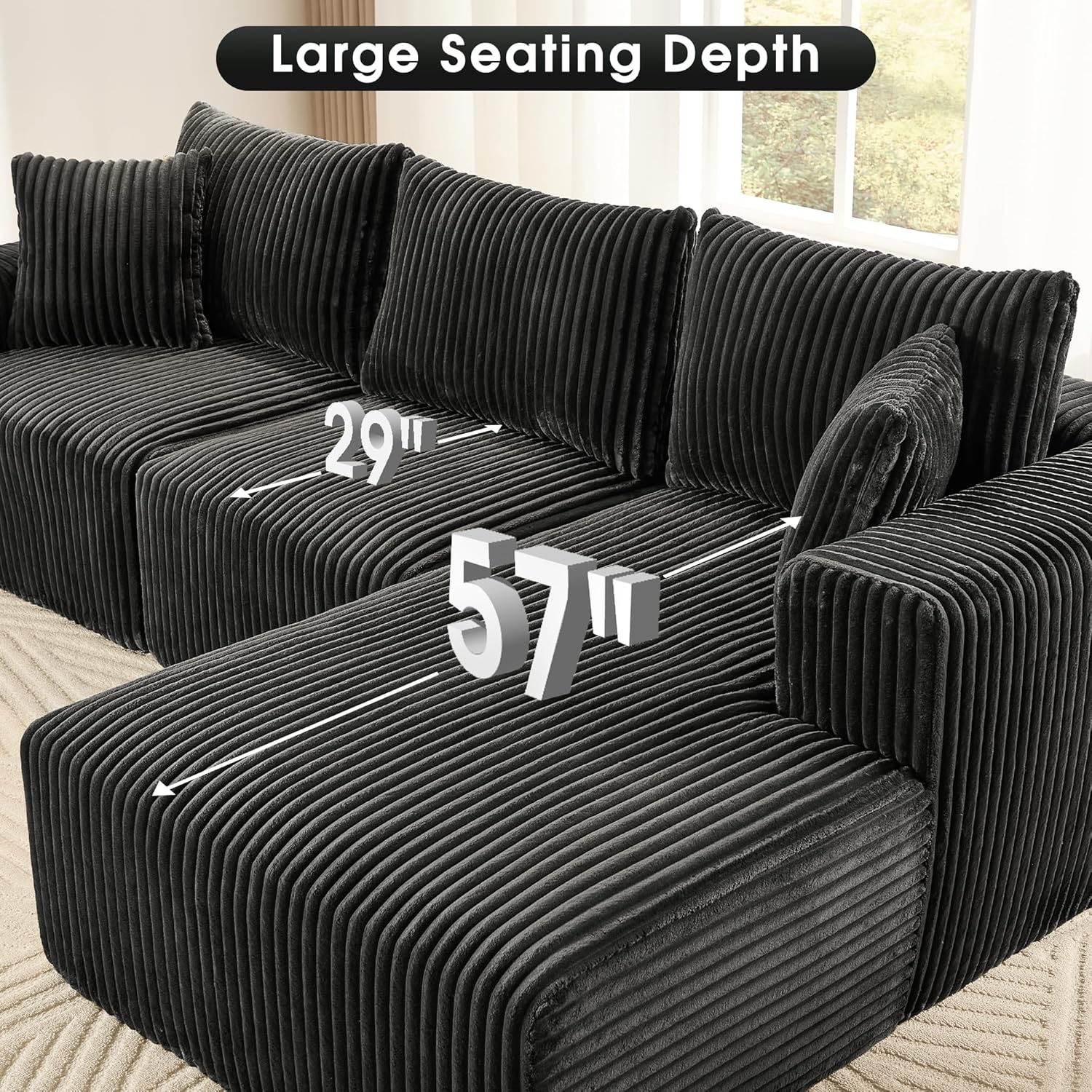 WorthFurni Cloud Modular Sofa Couch with L-Shape Chaise,Modern Sectional with Deep Seat, Upholstered Couches for Living Room Bedroom,No Assembly Required, Plush Corduroy Fabric 110.4"(Black)
