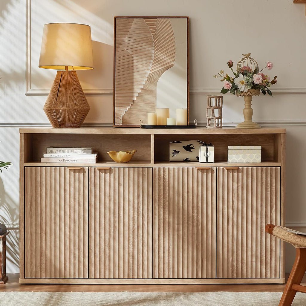 LEYAOYAO Fluted Buffet Cabinet with Storage, 55" Wide Wood Sideboard Credenza with 4 Doors & Open Storage Shelf, Kitchen Entryway Accent Table, Modern Console Cabinets for Dining Room, Natural Oak
