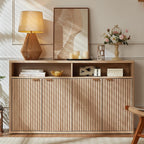 LEYAOYAO Fluted Buffet Cabinet with Storage, 55" Wide Wood Sideboard Credenza with 4 Doors & Open Storage Shelf, Kitchen Entryway Accent Table, Modern Console Cabinets for Dining Room, Natural Oak