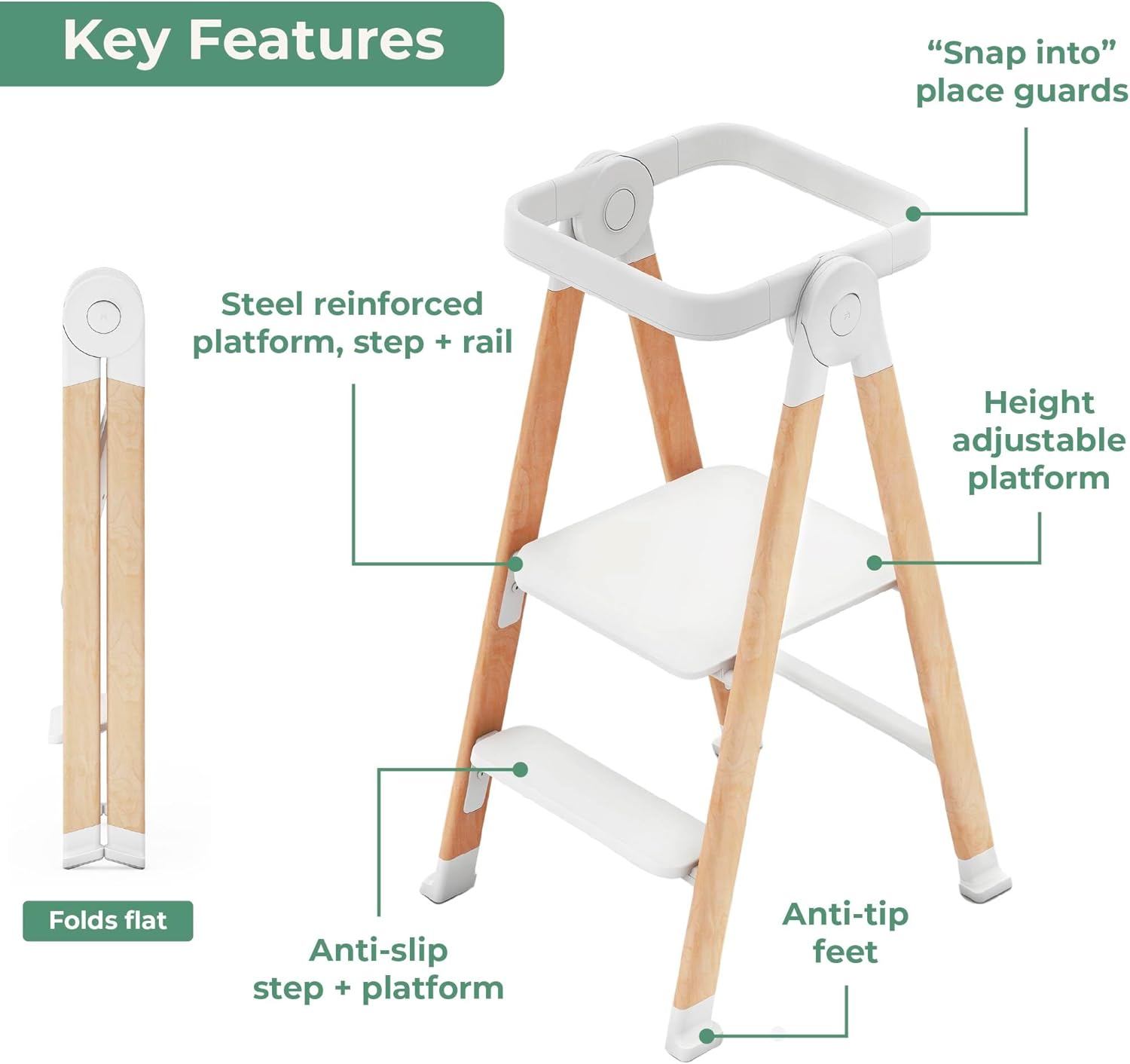 Guidecraft Kitchen Helper Flex Toddler Tower Step Stool for Kids and Adults - White: Adjustable and Foldable Wood Step Stool