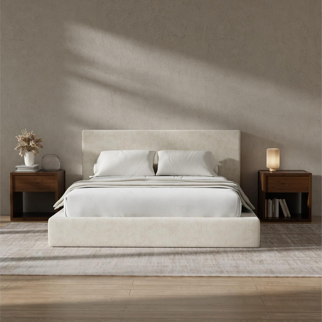RECCI Cloud Upholstered Queen Bed Frame with Headboard, 5 Inch Foam Padded Platform, No Box Spring, Easy Assembly(Cream)