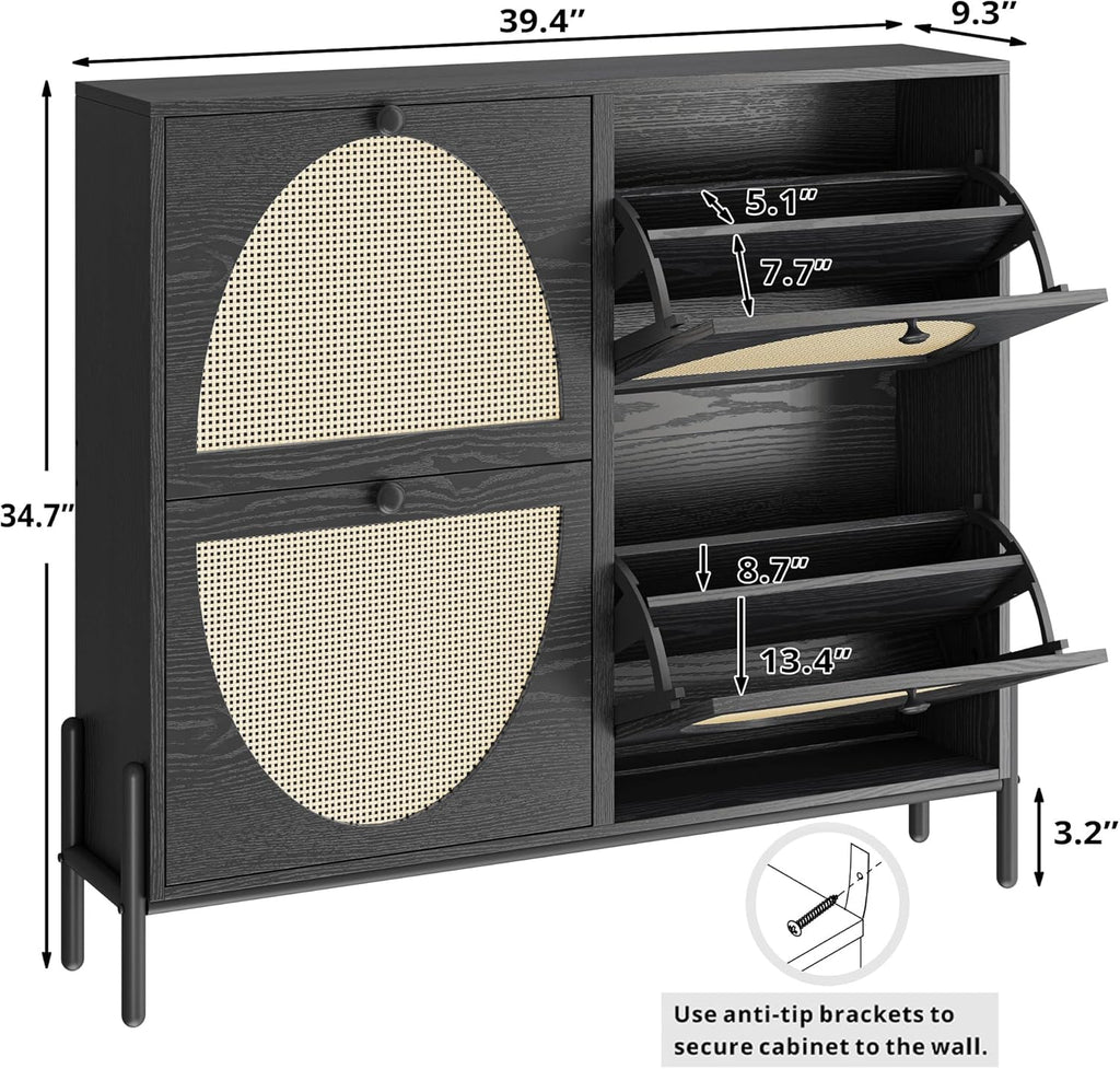 IRONCK Rattan Shoe Cabinet Storage with 4 Flip Drawers, Freestanding Shoe Storage Organizer Cabinet for Entryway, Narrow Shoe Rack Cabinet, Matte Black