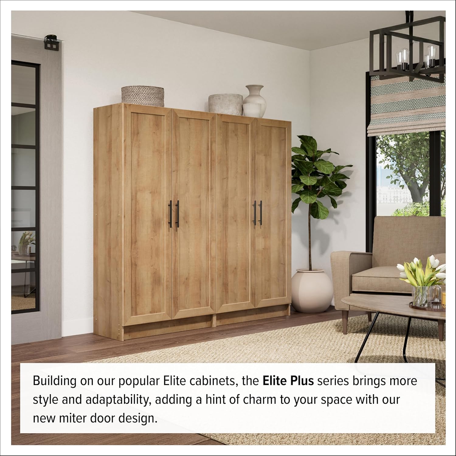 Prepac Natural Oak Elite 65" Tall Accent Kitchen Pantry Cabinet, Craft or Bathroom Storage Cabinet, Buffet Storage with Panel Doors, 3 Shelves, 32" W x 16.75" D x 65" H, Ideal for Home Organization