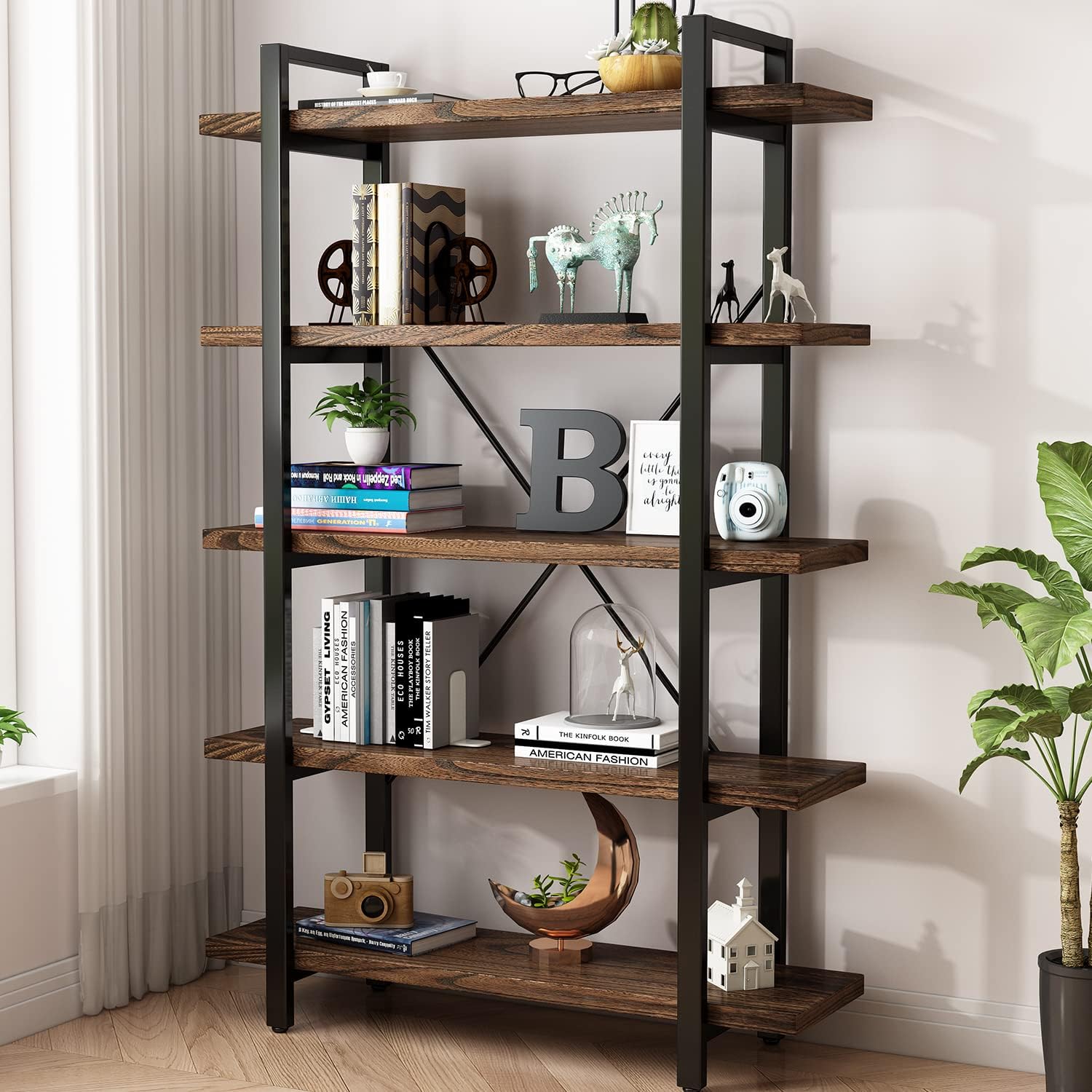 5-Tier Industrial Style Solid Wood Bookcase and Book Shelves,Rustic Wood and Metal Shelving Unit . Living Room,Modern Rustic Open Industrial Book Shelf Office,Distressed Brown (AY-02-5Tier)