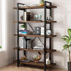 5-Tier Industrial Style Solid Wood Bookcase and Book Shelves,Rustic Wood and Metal Shelving Unit . Living Room,Modern Rustic Open Industrial Book Shelf Office,Distressed Brown (AY-02-5Tier)