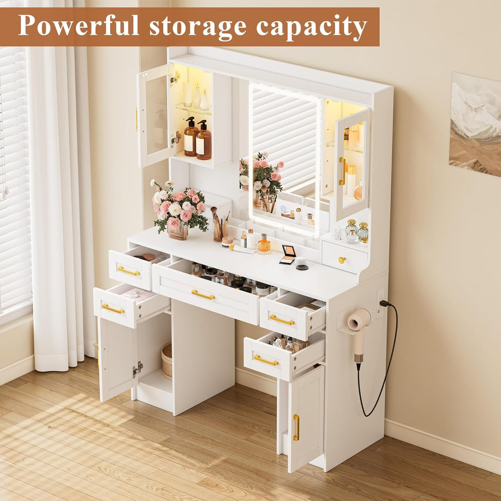KAMABOKO Vanity Desk with Mirror & LED Lights & Power Outlet, Large Makeup Vanity Table with 5 Drawers and 4 Storage Cabinets, White Dressing Table for Bedroom