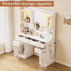 KAMABOKO Vanity Desk with Mirror & LED Lights & Power Outlet, Large Makeup Vanity Table with 5 Drawers and 4 Storage Cabinets, White Dressing Table for Bedroom