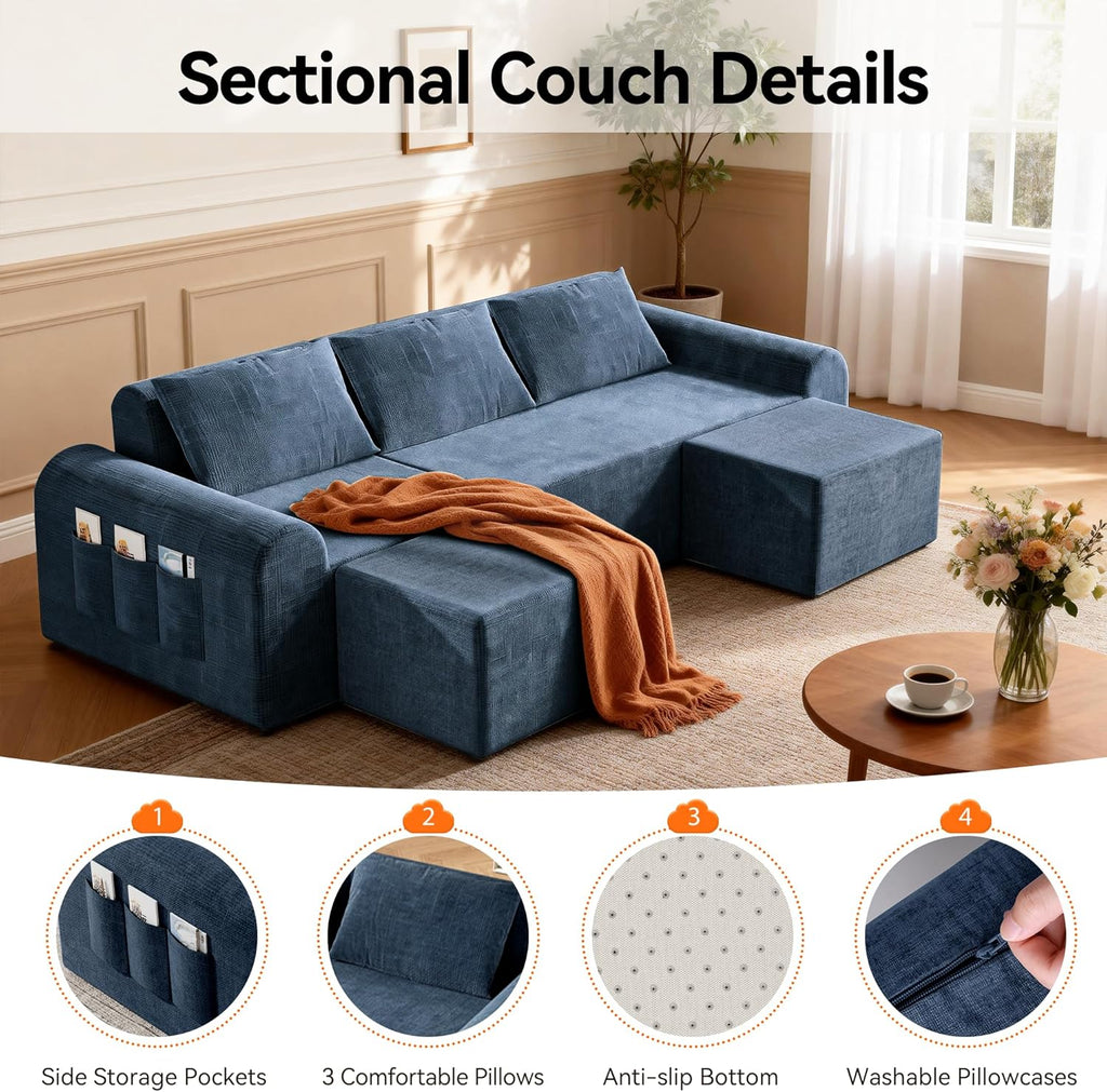86.6" Cloud Boneless Sectional Sofa with Ottoman, L-Shaped Modular Couch for Living Room, Ultra Deep Seat Chenille Fabric Sofa, No Assembly Required, Blue