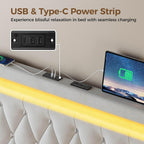 Rolanstar Full Bed Frame with LED Light and Charging Station, Upholstered High Headboard and Footboard, Wood Slats, Noise Free, Easy Assembly, Beige