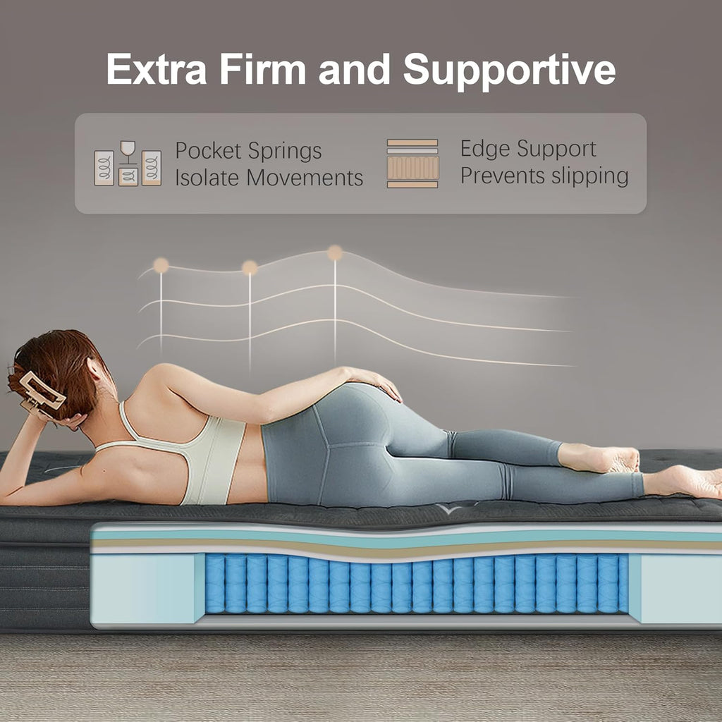 Extra Firm King Mattress, 14 Inch King Size Mattress,Luxurious Memroy Foam Hybrid Extra Lumbar Support, Back Pain Relief&Cool Sleep, Firm Foam Encased Edge,Motion Isolation,Fiberglass-Free