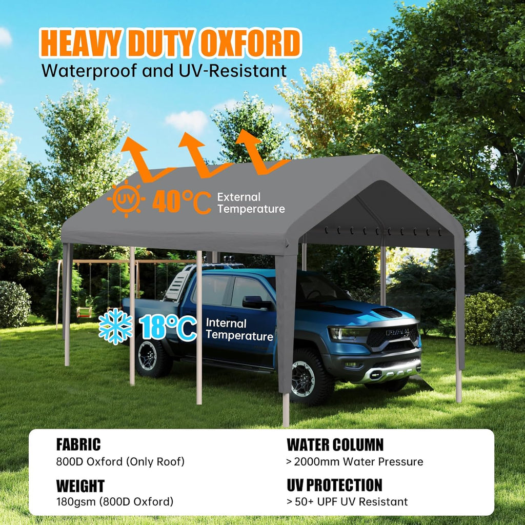 Carport Canopy 10'x20' Heavy Duty Replacement Cover, Garage Shelter Cover 800D Oxford Waterproof & UV Protected Tarp with Ball Bungees, Not Include Frame（Gray）