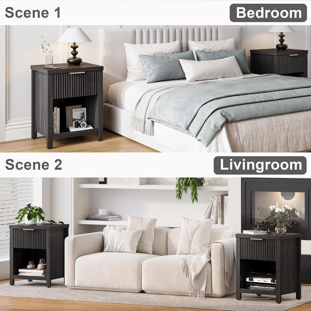 Fluted Nightstands Set of 2, Brooklyn Night Stand with Drawers, Modern Beside Table with Storage, Small End Table for Bedroom Living Room Small Space (2, Grey) BNS101BG-2