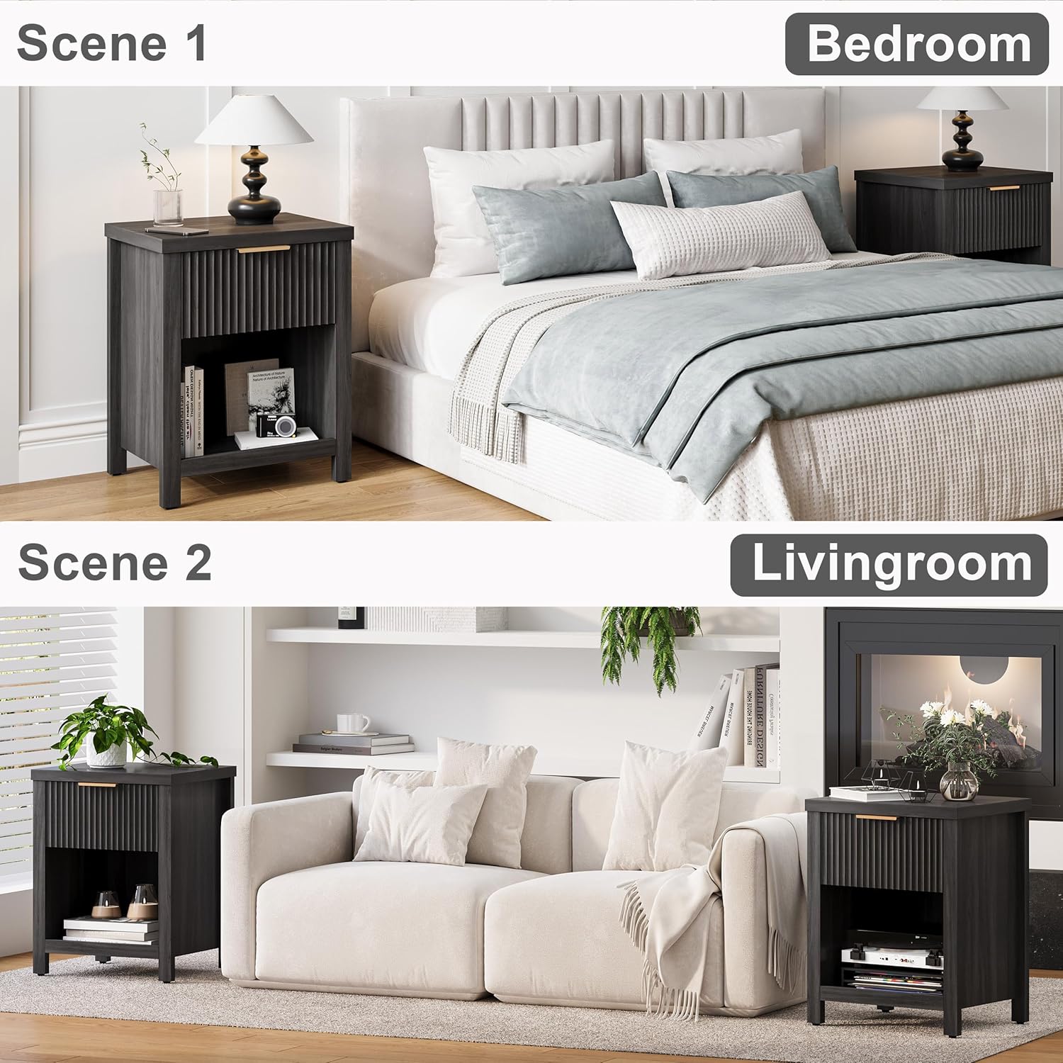 Fluted Nightstands Set of 2, Brooklyn Night Stand with Drawers, Modern Beside Table with Storage, Small End Table for Bedroom Living Room Small Space (2, Grey) BNS101BG-2