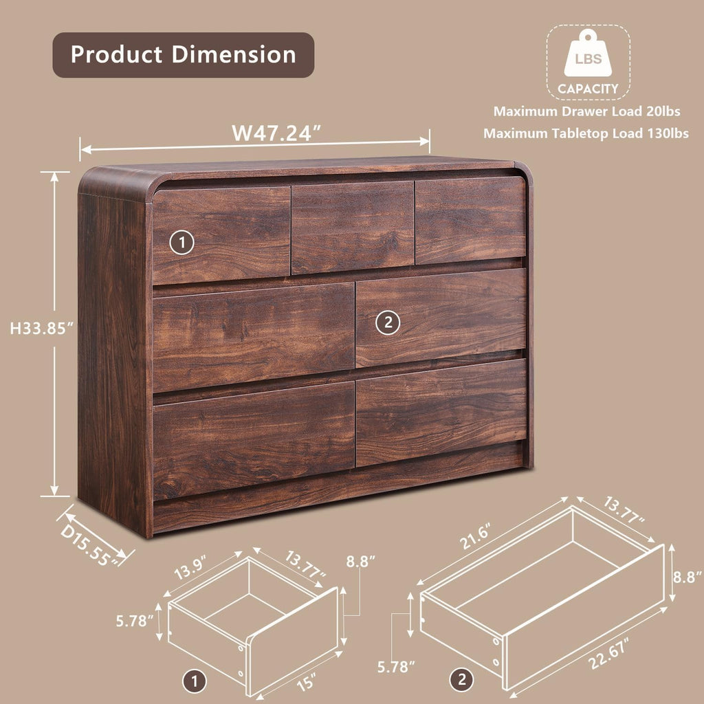 Modern 7 Drawers Dresser for Bedroom, 47" Wide Wood Dressers & Chests of Drawers w/Curved Profile Design, Mid Century Modern Dresser w/Natural Texture for Bedroom, Living Room, Brown