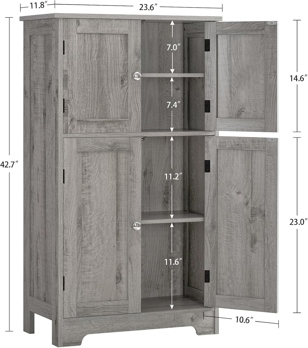 TEENFON Bathroom Floor Storage Cabinet, Freestanding Bathroom Storage Unit with 2 Adjustable Shelves & 4 Doors, 11.8 x 23.6 x 42.7 Inches, Grey