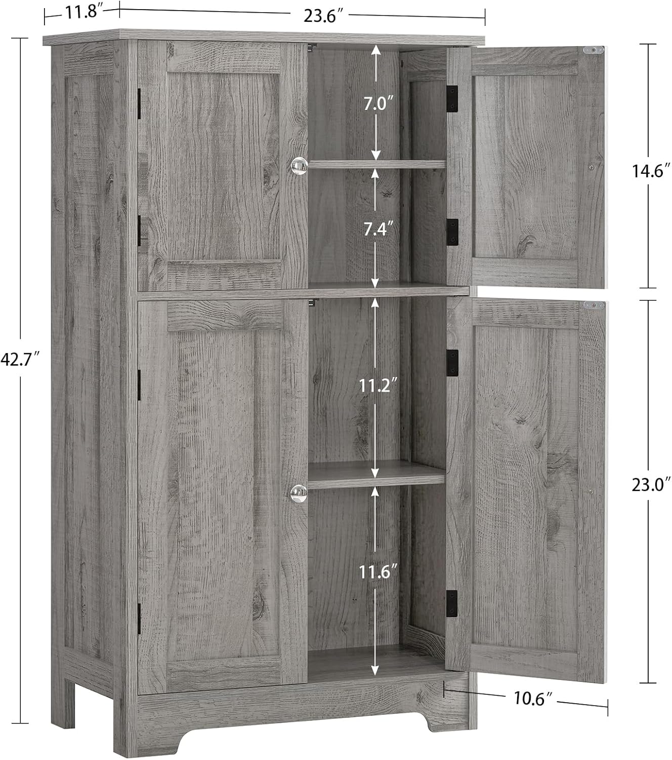 TEENFON Bathroom Floor Storage Cabinet, Freestanding Bathroom Storage Unit with 2 Adjustable Shelves & 4 Doors, 11.8 x 23.6 x 42.7 Inches, Grey