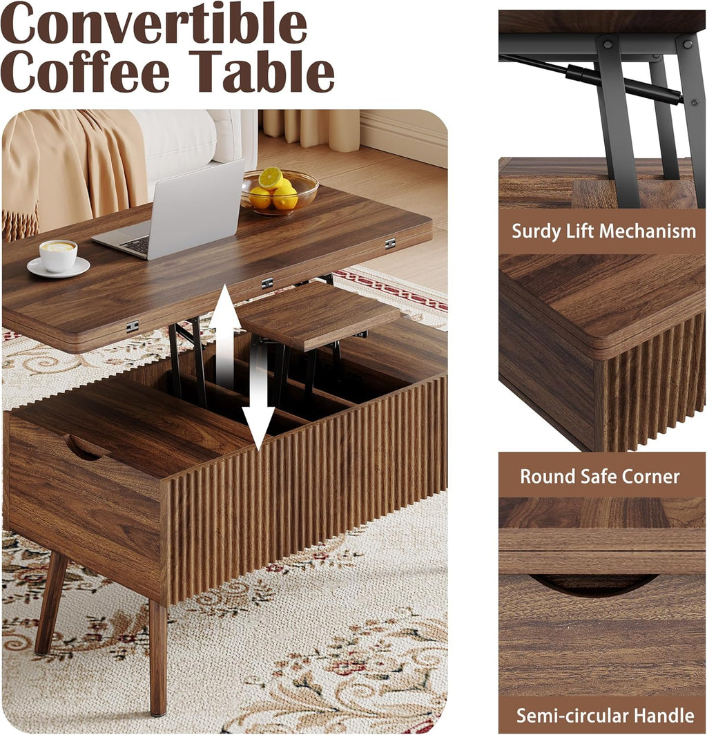 40" Lift Top Coffee Table, 4 in 1 Multi-Function Coffee Tables with Storage Drawers and Lift Tabletop, Mid Century Modern Dining Table Fluted Center Table for Living Room, Walnut