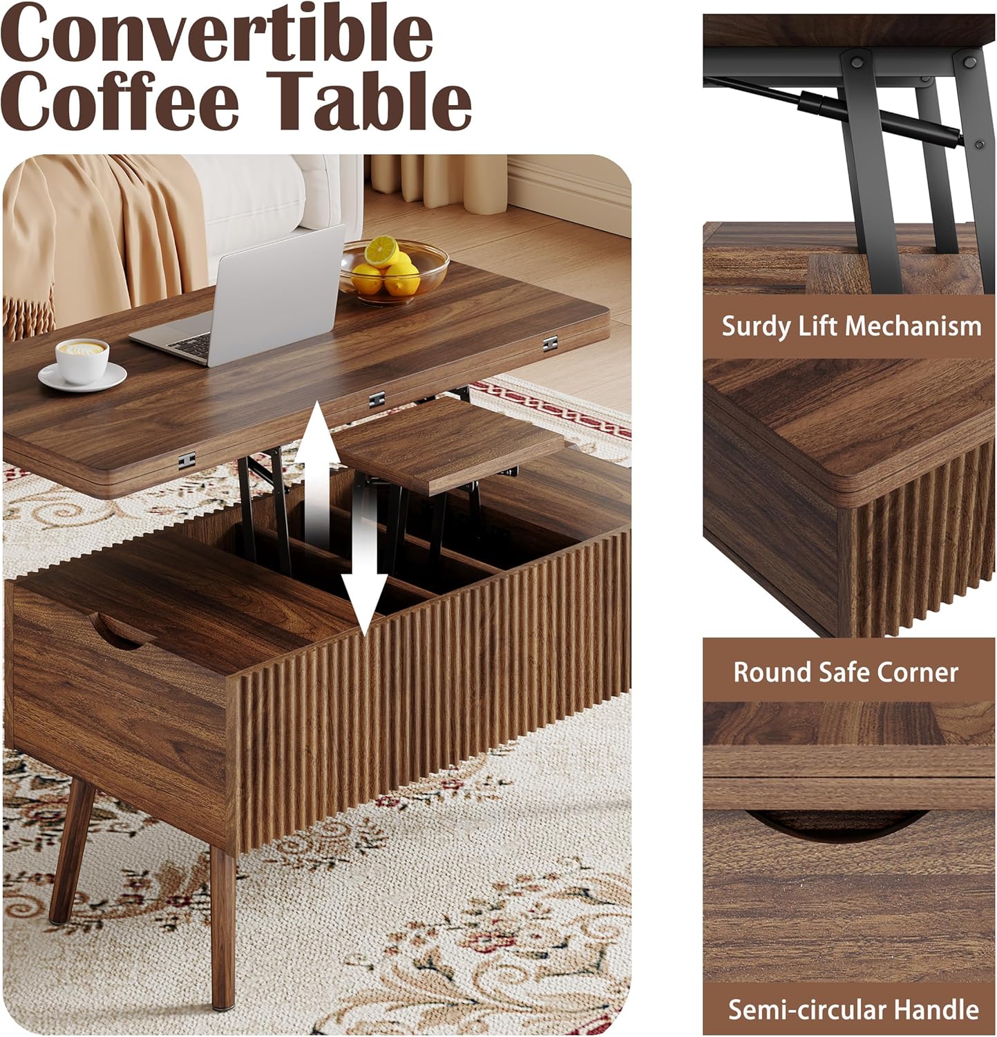 40" Lift Top Coffee Table, 4 in 1 Multi-Function Coffee Tables with Storage Drawers and Lift Tabletop, Mid Century Modern Dining Table Fluted Center Table for Living Room, Walnut