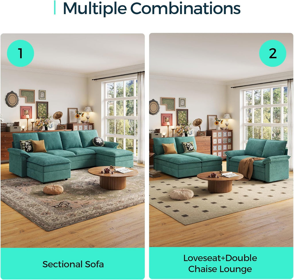 LINSY HOME Cloud Couch Modular Sectional, 115" U Shaped Sofa Couches with Double Chaise, Chenille 4 Seater Sofa Set for Living Room, Apartment, Office, Green