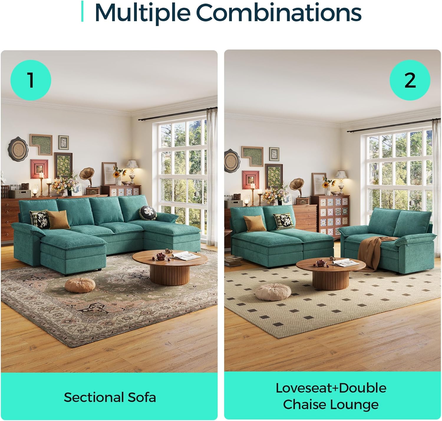 LINSY HOME Cloud Couch Modular Sectional, 115" U Shaped Sofa Couches with Double Chaise, Chenille 4 Seater Sofa Set for Living Room, Apartment, Office, Green