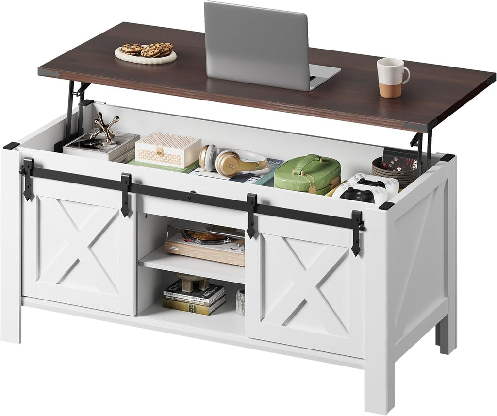 WLIVE 47.3" Farmhouse Lift Top Coffee Table with Sliding Barn Doors, Large Hidden Storage Compartment and Adjustable Shelf for Living Room,Office, White