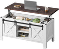 WLIVE 47.3" Farmhouse Lift Top Coffee Table with Sliding Barn Doors, Large Hidden Storage Compartment and Adjustable Shelf for Living Room,Office, White