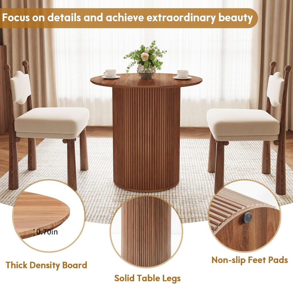 31.5" Small Round Dining Table for 2, Sturdy and Durable Wood Walnut Dining Table Round with Fluted Base, Simple Setup Small Kitchen Table for Living Dining Room Office (Walnut)