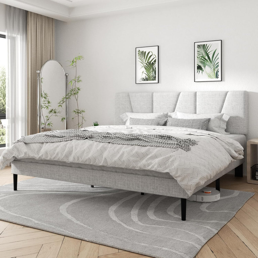 King Size Platform Bed Frame with Geometric Upholstered Headboard, Noise Free, Wooden Slats Support, No Box Spring Needed, Easy Assembly, Light Grey, Linen