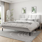 King Size Platform Bed Frame with Geometric Upholstered Headboard, Noise Free, Wooden Slats Support, No Box Spring Needed, Easy Assembly, Light Grey, Linen