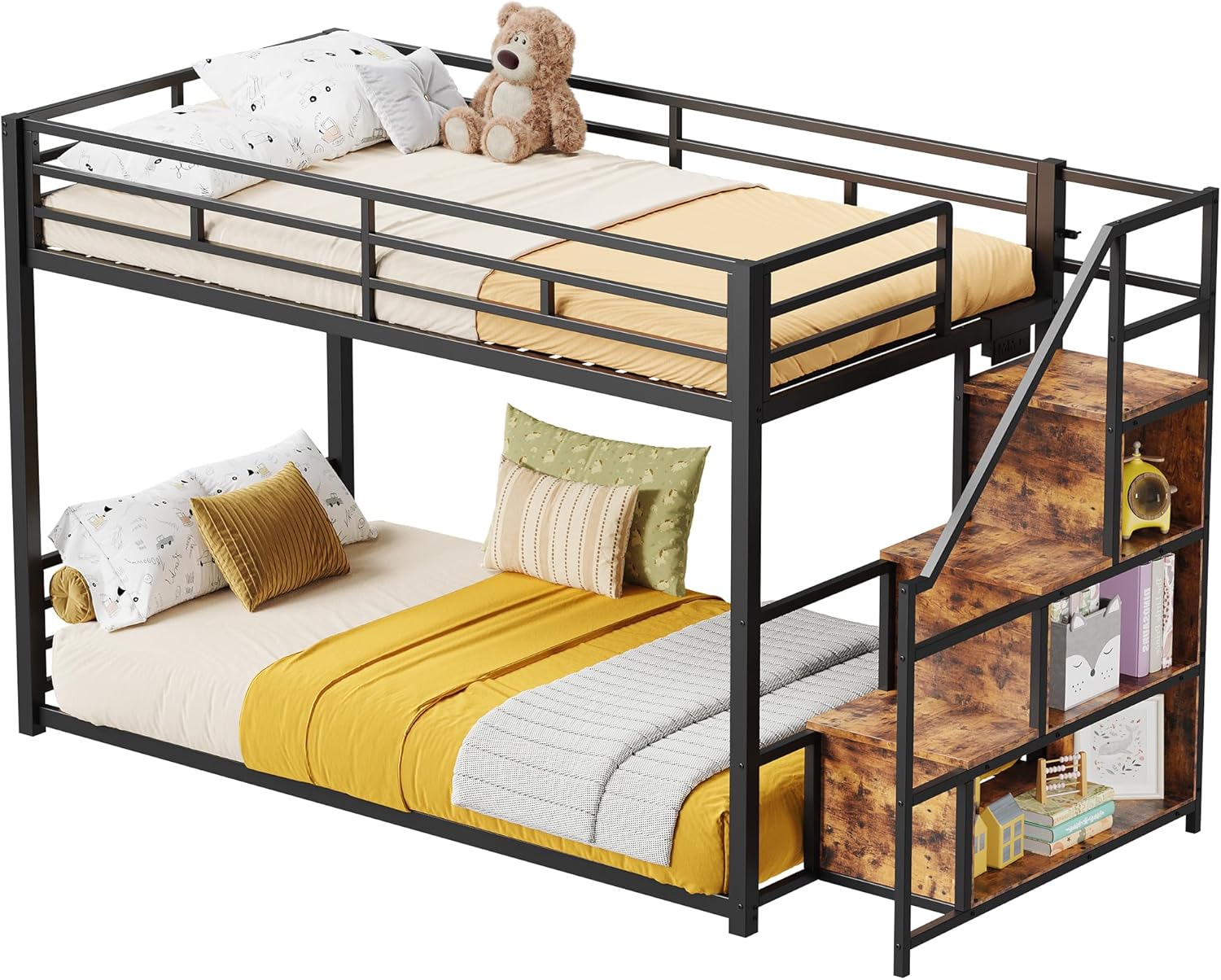 LIKIMIO Bunk Bed Twin Over Twin, Metal Floor Bed Frame with Power Outlet, Storage Staircase and Safety Guardrail, Space Saving for Apartment or Dorm, No Box Spring Needed, Vintage Brown