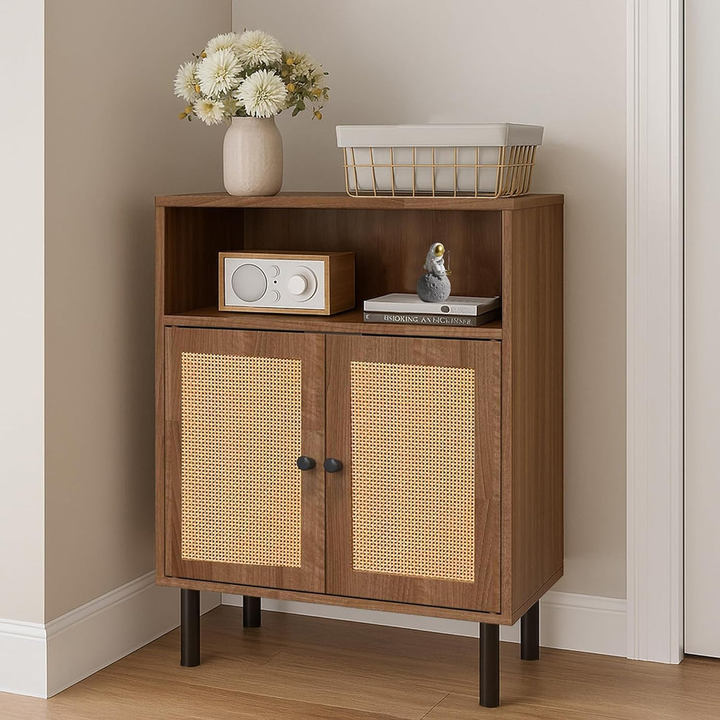 Rattan Storage Cabinet, Boho Accent Cabinet with Double Doors, Small Freestanding Sideboard for Hallway, Laundry Room,Kitchen, Dining Room, Entryway (Walnut)