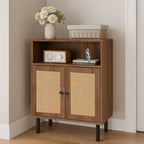 Rattan Storage Cabinet, Boho Accent Cabinet with Double Doors, Small Freestanding Sideboard for Hallway, Laundry Room,Kitchen, Dining Room, Entryway (Walnut)