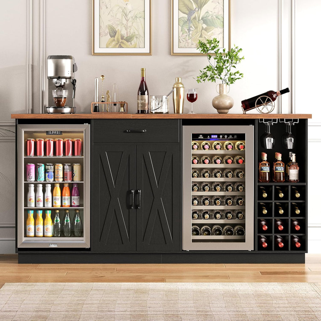 78.74" Large Coffee Bar Cabinet with Fridge Space, Mini Fridge Cabinet with Storage, Liquor Cabinet with Wine Rack Glass Holder Power Outlets for Living Room, Kitchen, Black KTSR003B