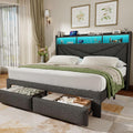 Queen Bed Frame with 2-Tier Storage Headboard, Upholstered Bed Frame Queen Size with 2 Drawers, Charging Station and LED Lights, No Box Spring Needed, Easy Assembly - Dark Grey