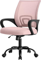 DUMOS Home Office Chair - Ergonomic Mid Back Mesh Desk Chair with Lumbar Support & Rocking Mode, Height Adjustable with Fixed Armrest, for Computer, Gaming, Meeting, 360° Swivel, Pink