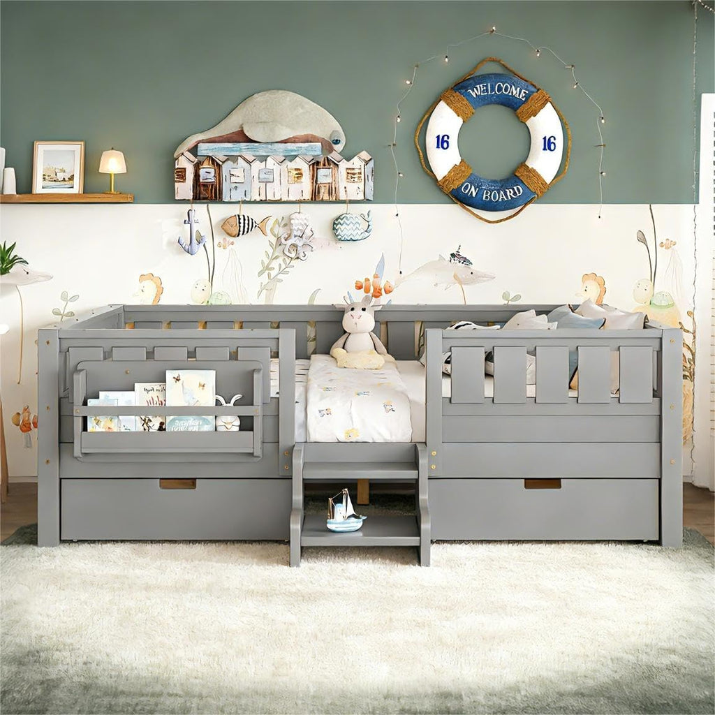 Bellemave Full Size Bed Frame with Storage Drawers & Bookshelf, Low Profile Kids Bed with Staircase & Full Length Guardrails, Solid Wood Full Size Bed Frame Kids with Slats Load 450 LBS, Grey