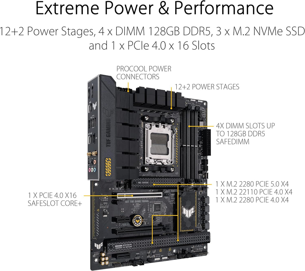 ASUS TUF Gaming B650-PLUS WiFi AMD B650 AM5 Ryzen™ Desktop 9000 8000 and 7000 ATX Motherboard, 14 Power Stages, PCIe® 5.0 M.2, DDR5 Memory, WiFi 6 and 2.5 Gb Ethernet, USB4® Support Aura Sync